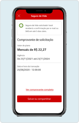 Na imagem vemos a tela de um celular acessando o App do Santander. A tela mostra um fundo vermelho e branco, que traz as informações sobre a confirmação de seus dados para realizar a contratação do seguro de vida.